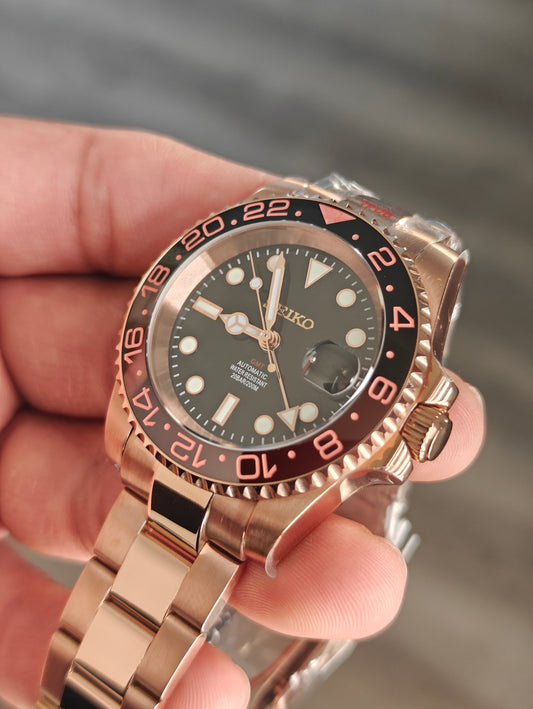 Custom Seiko Rootbeer GMT Rose Gold Watch